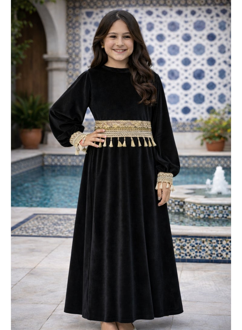 فستان رمضاني مخملي للبنات مع شرّابات/زينة منفصلة، عباية إسلامية بأكمام طويلة، فستان ماكسي تقليدي محتشم للأطفال. - Image 2